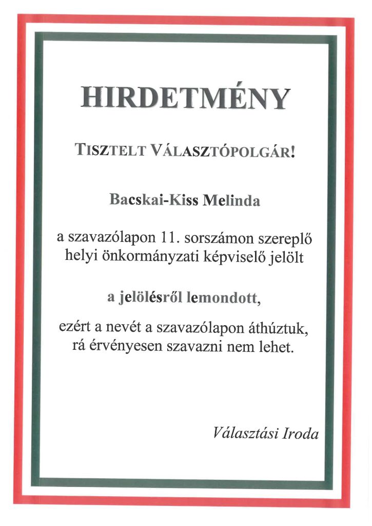 Hirdetmény jelölt lemondásáról