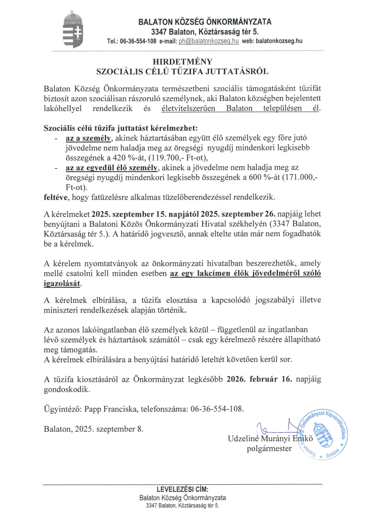 Szociális tűzifa hirdetmény